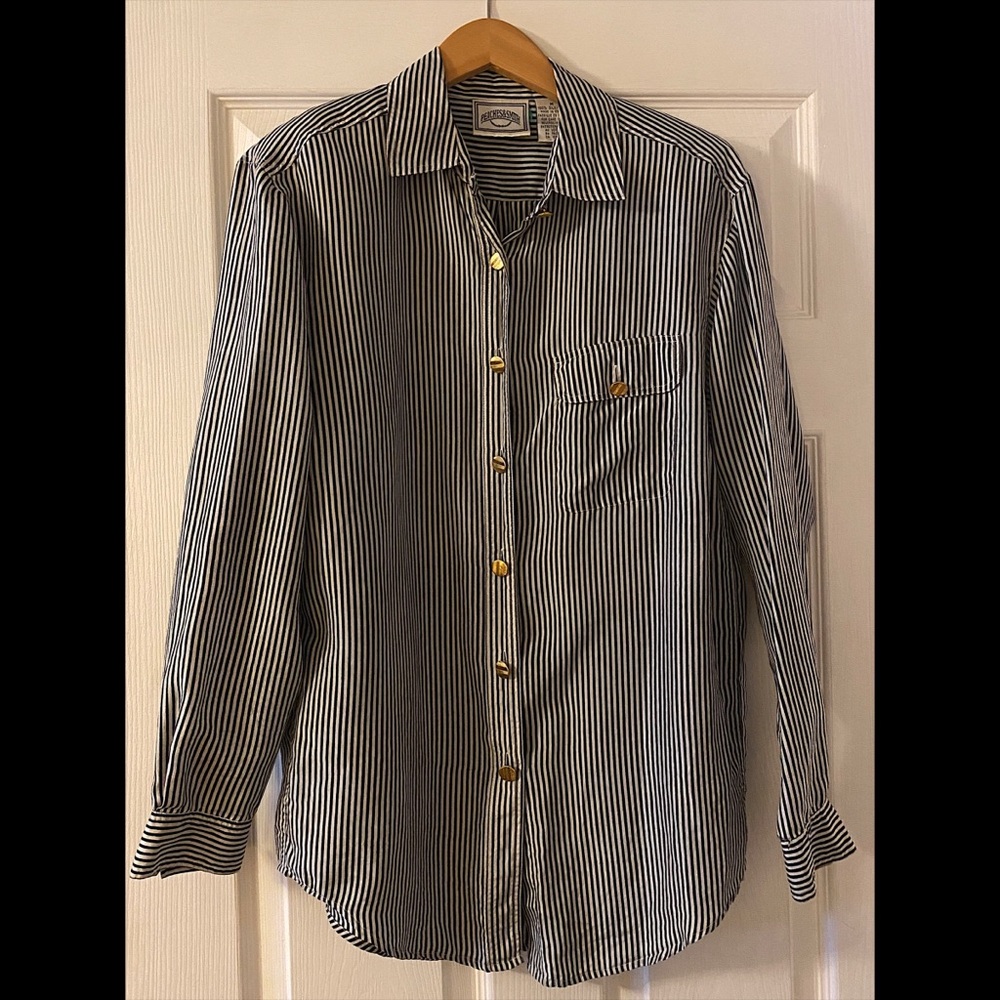 Vintage Striped Button-Up Shirt, Shoulder Pads & Gold Buttons! Men or Women